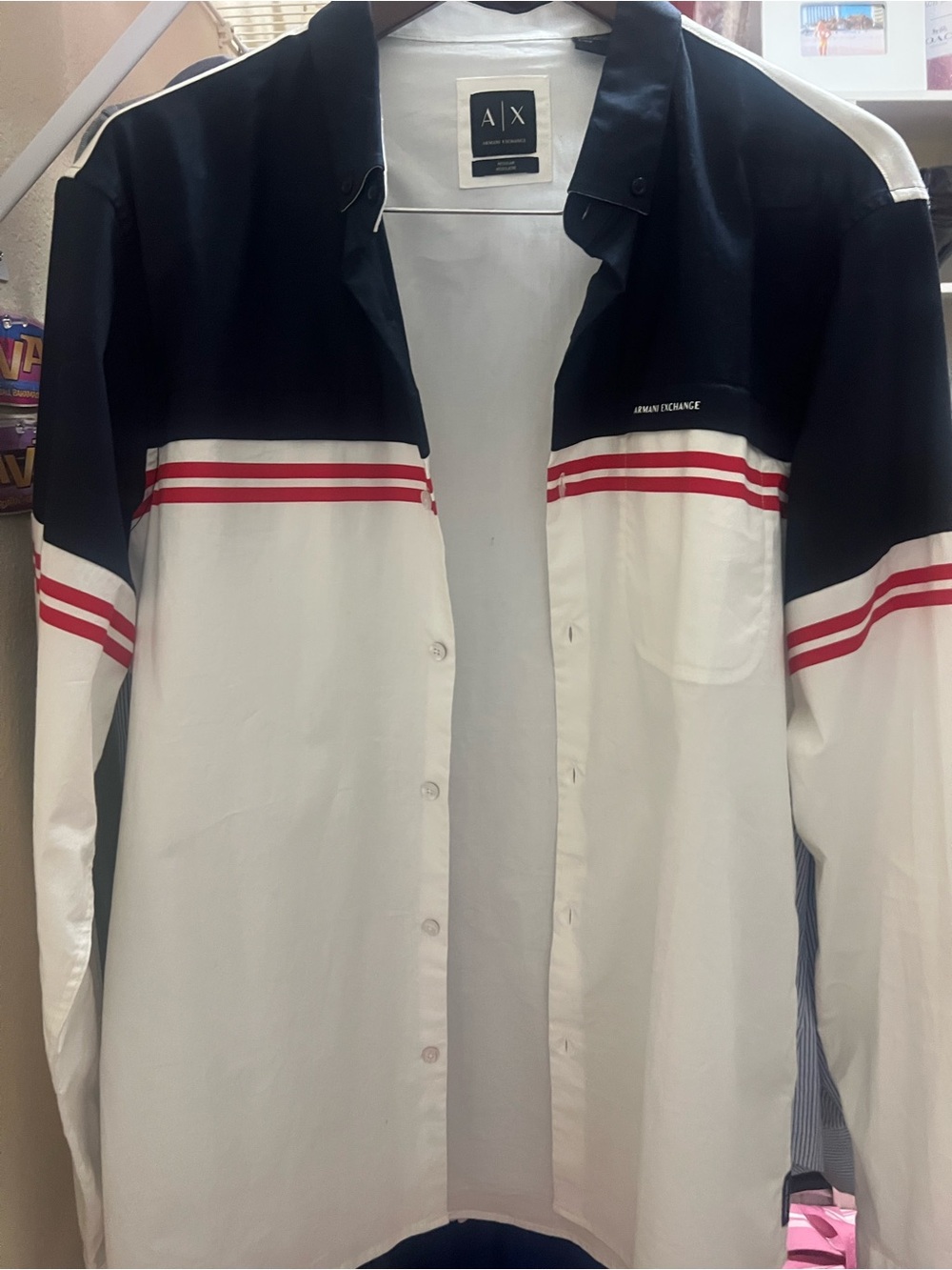 Armani Exchange Black, White & Red Striped Casual Button-Down Shirt